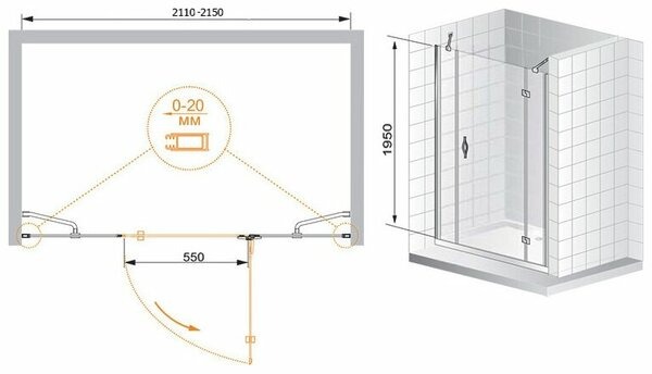Душевая дверь (215х195) CEZARES BERGAMO BERGAMO-W-B-13-100+60/60-C-Cr-R